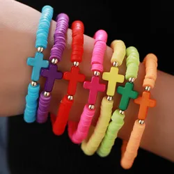 7pcs/set Bohemian Colored Polymer Clay Cross Bracelets for Women New Summer Fashion Simple Handmade Friendship Bracelet Gift