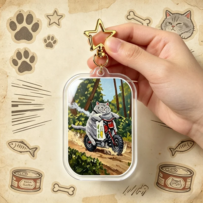 Tell Someone Who Gives A Shit - Cat Acrylic Keychain Funny Grumpy Grey Kitty Riding Motorcycle Bag Charm Weird Cats Lover Gift