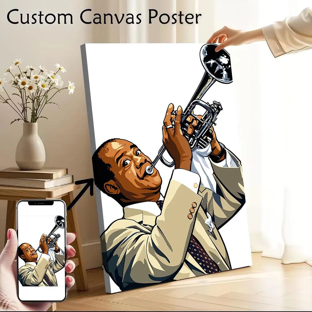 Louis Armstrong Playing Trumpet Canvas Print Perfect Gift for Fans Lovers Personalized Wall Art Poster for Room Decorations Arts