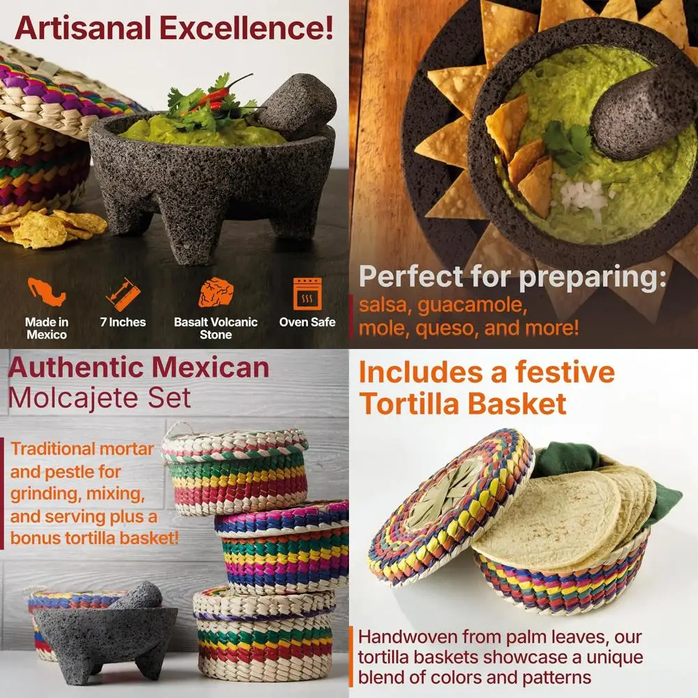 

Набор из 7 предметов для мексиканского молкахете с корзиной для тортильи, базальтовым каменным ступком и пестиком, традиционная мексиканская кухонная утварь для измельчения и приготовления.