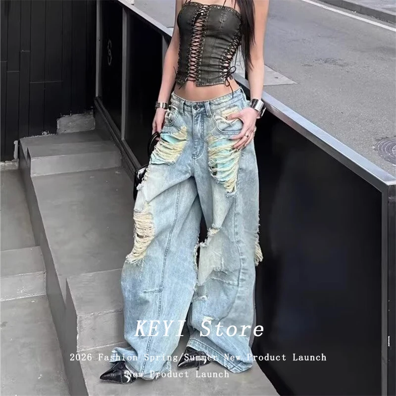 

American Style High Waist Loose Women's Jeans Front And Back Hole Design New Slim Wide Leg Pants Trendy 2026 Spring Summe