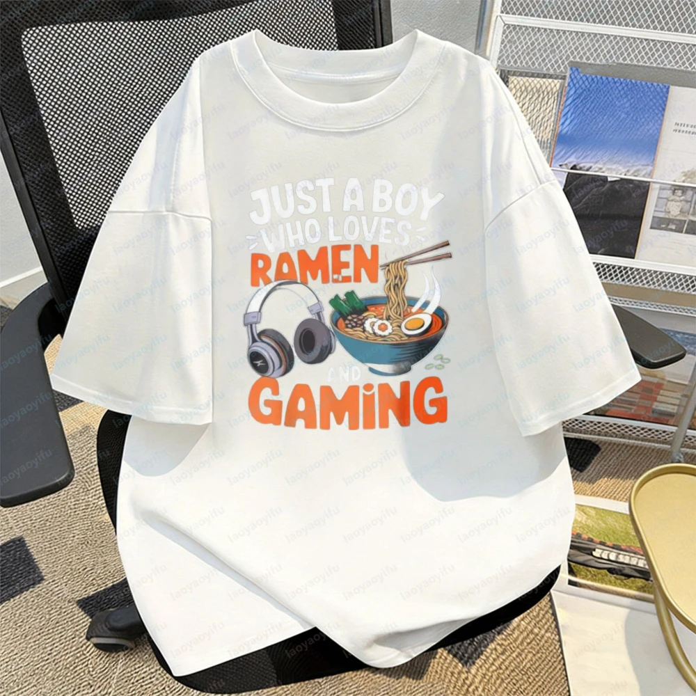 Just A Boy Who Loves Ramen and Gaming Printed T-Shirt Fashion Holiday Fine Food Men's Clothing Summer Casual Stlye Otaku Tee