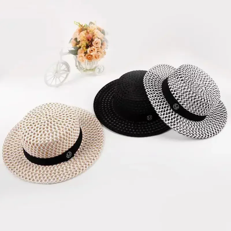 Women's Spring Summer Letter Flat Top Hats Seaside Sunscreen Beach Sunhats Vacation Casual Panama Beach Fedora Cap Bonnet