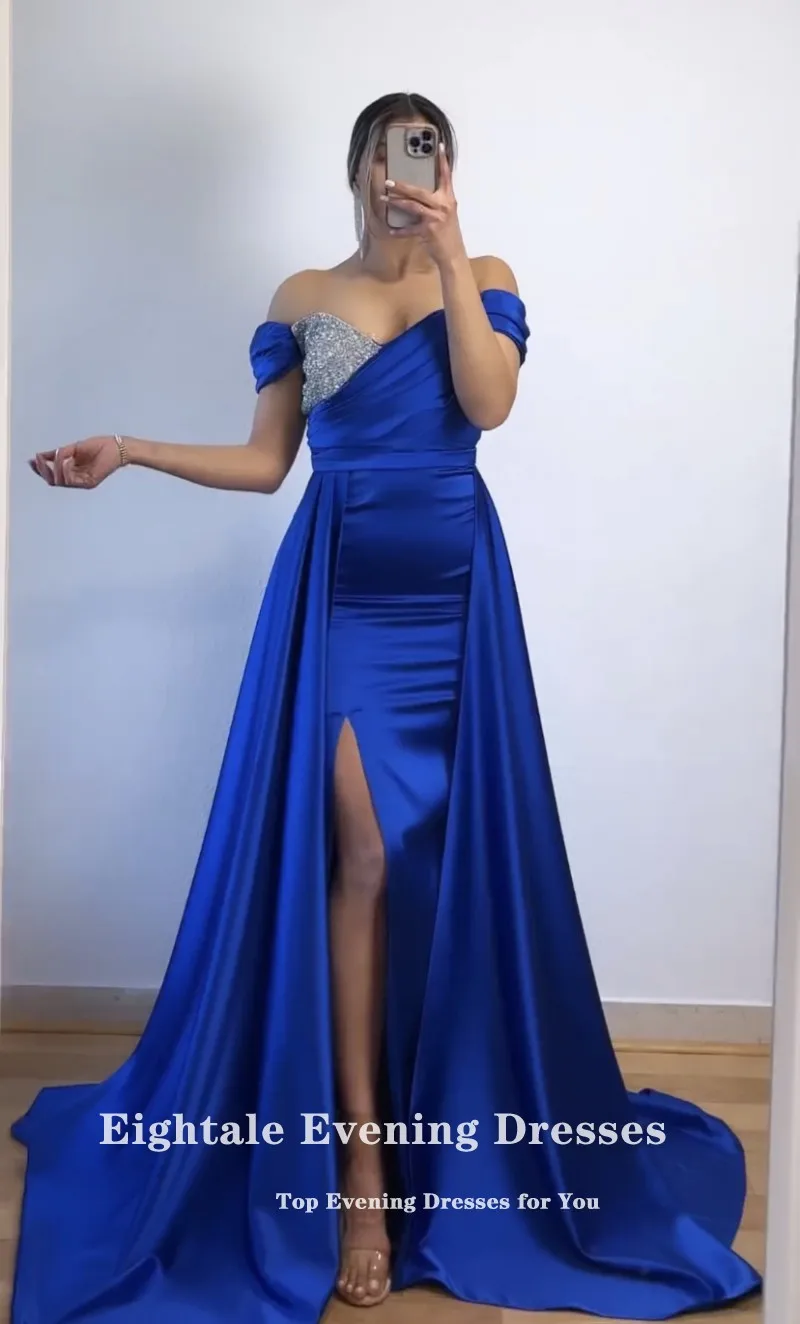 Eightale Arabic Evening Dresses for Wedding Party Off the Shoulder Royal Blue Beaded Cap Sleeves Satin Customized Prom Gown