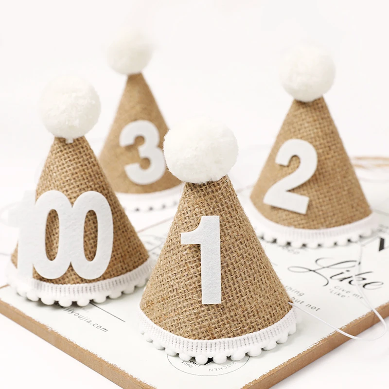 First Birthday Hat Crown Burlap Cap Kids Boy Girl Newborn 1st 2rd 3th Years Birthday Party Baby Shower Decoration Linen Headband