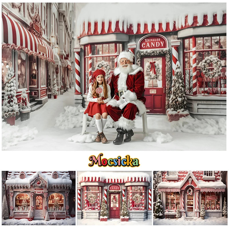 Christmas Candy Shop Backdrop For Photography Xmas Tree Winter Snow Red House Family Kids Baby Birthday Photo Background Studio