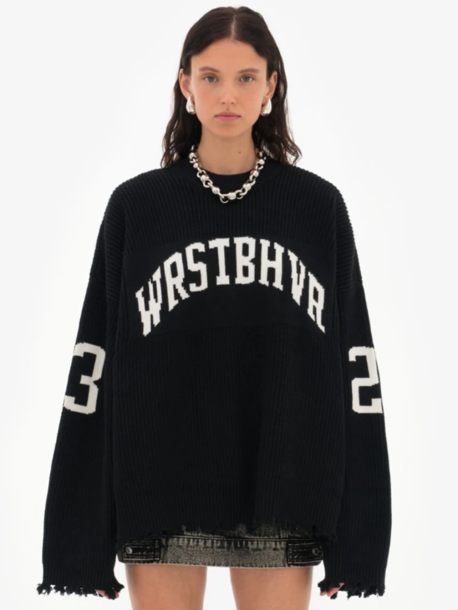 Blubelle Women's Autumn Winter New Letter Jacquard Lazy Style Pullover Sweater Gray Soft Loose Outerwear Versatile Knitwear