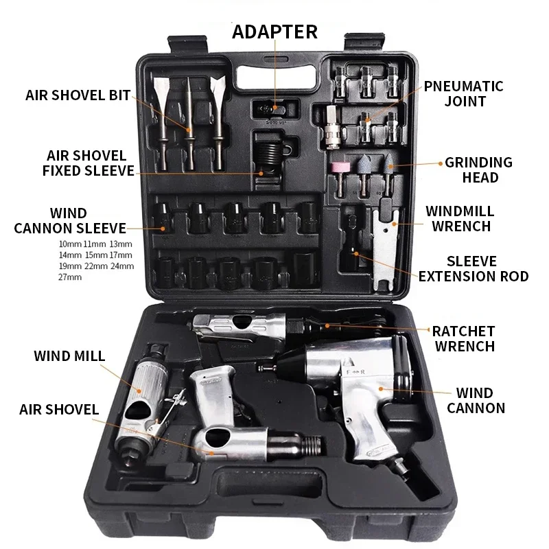 

LX-008 9piece Pneumatic Tools Kit For Auto Repairing Includes Wrench, Ratchet, Air Hammer Blow Molded Carrying Case