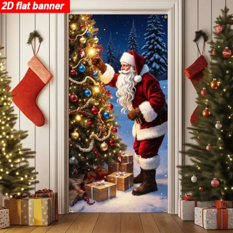 1 peça 2d plano natal/ano novo/inverno banner, representando vivamente o papai noel adora uma árvore de natal espumante, sem necessidade de energia