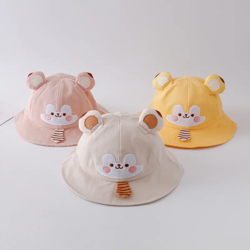 Topi Bucket หมีน่ารักหูหมีสำหรับเด็กแรกเกิดหมวกปานามาหมวกชายหาดกลางแจ้งสีทึบหมวกกันแดดสำหรับเด็กทารกชายหญิงหมวกบอนเน็ต