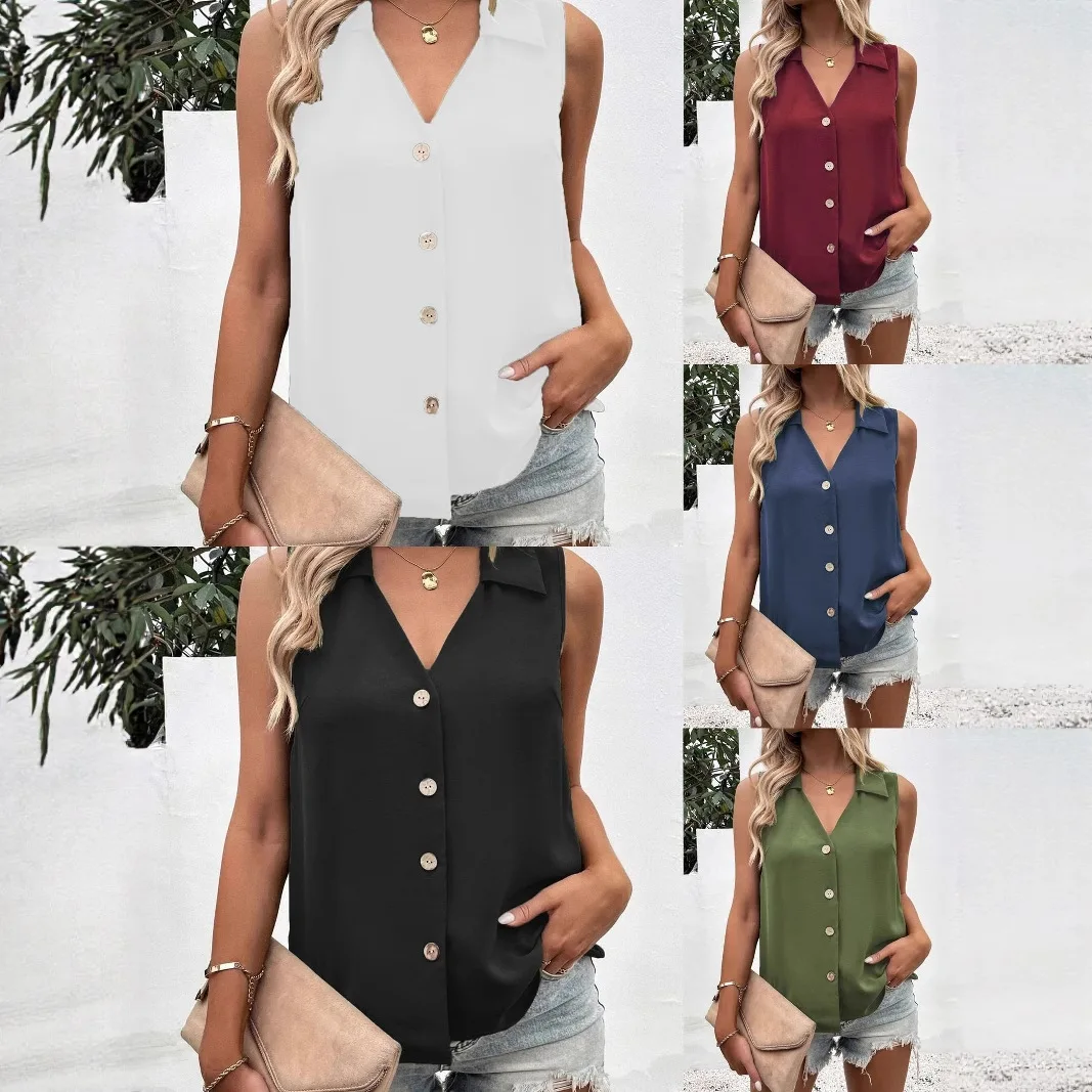 

Summer 2025 Women's Loose V-neck Sleeveless Button-down Pure Color Chiffon Top Modern Style Casual Fashion Female Clothing
