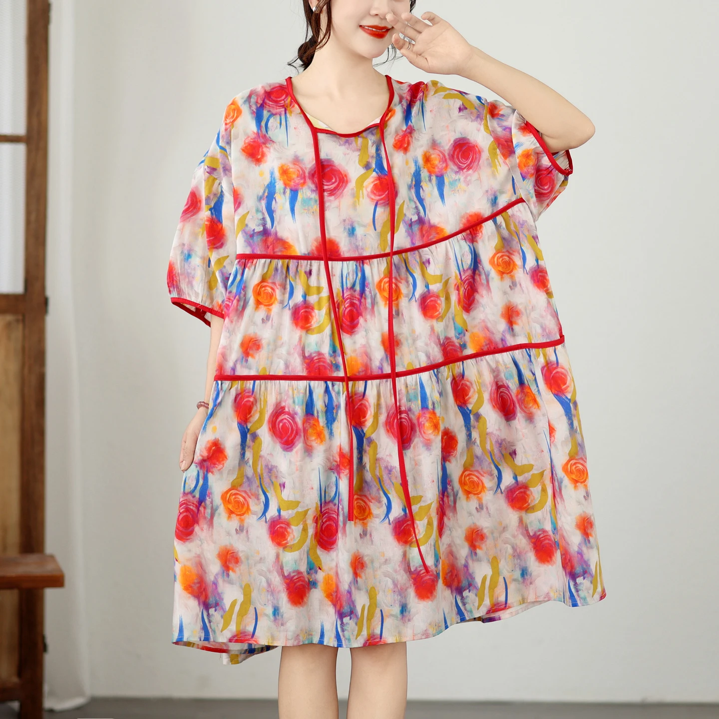 

Summer New plus Size Dress V-Neck Printed Loose Elegant Slimming Versatile Knot Waist High Waist Cotton Blend Citywalk Dress