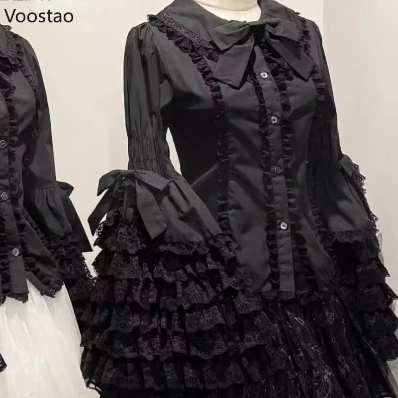 Victorian Vintage Lolita Style Shirts Women Gothic Y2k Bow Lace Ruffle Flare Long Sleeve Blouse Japanese Sweet Elegant Cute Tops