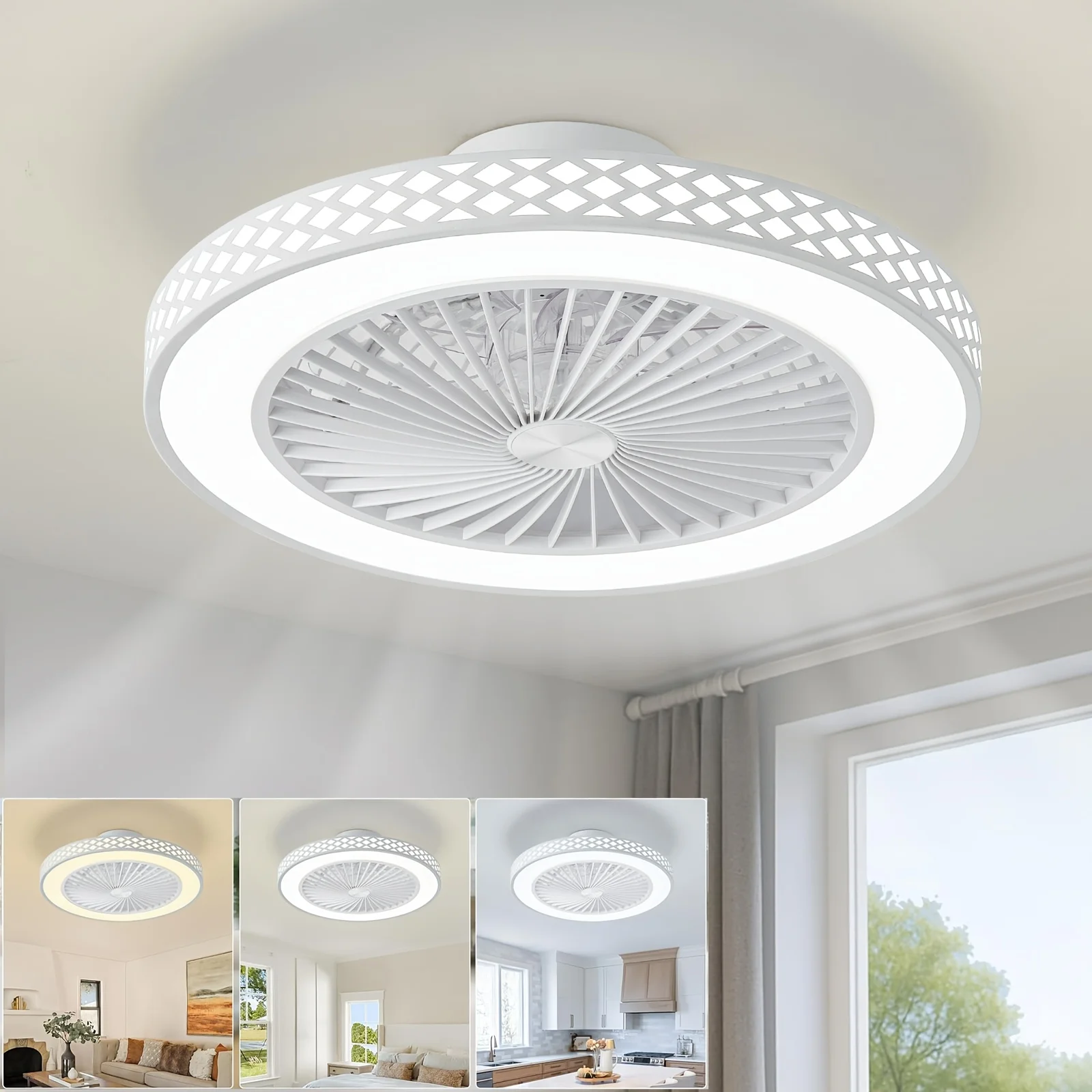 Ventilatore da soffitto senza pale con luci e telecomando, 6 velocità reversibili, 3 temperature di colore LED dimmerabili, ventilatore a basso profilo con luci integrate, silenzioso per camera da