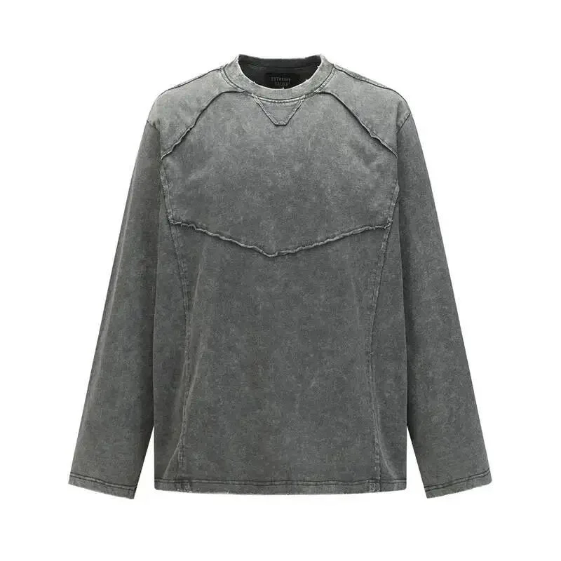 American Street Fashion Long Sleeve Men T-shirt Round Neck Versatile Vintage Print Loose Autumn Casual Tops WC47