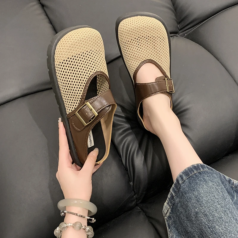 Women Slippers Fashionable Baotou Half Slippers Flat Shoes Simple Lazy Slippers Hollow Breathable Mesh Anti Slip Summer Outdoor