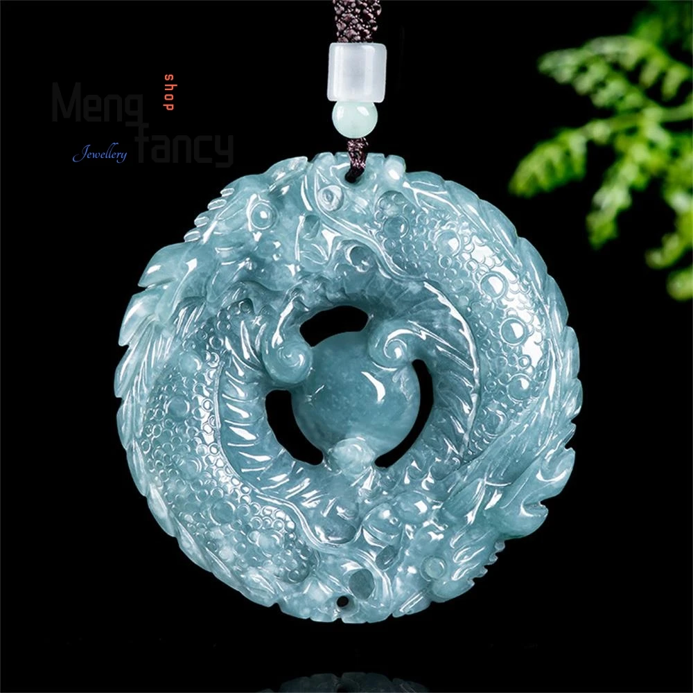 Natural A-goods Jadeite Blue Water Double Dragons Play Beads Dragon Sign Zodiac Dragon Pendant High-grade Fashion Luxury Jewelry