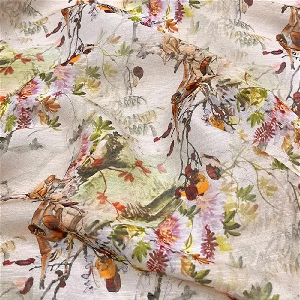 Various Top Quality Fashion Floral Printed Blend Silk Linen Fabric for Lady Charming Clothes Shawl