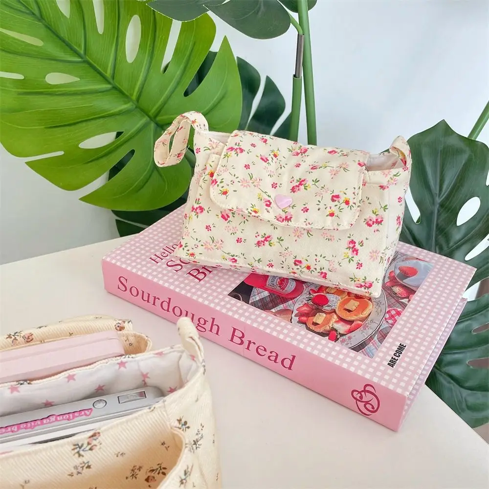 Organizer Pouch Print Floral Makeup Bag Snap Button Soft Cotton Coin Purse Double Pockets Flower Layered Storage Bag Cute Gift