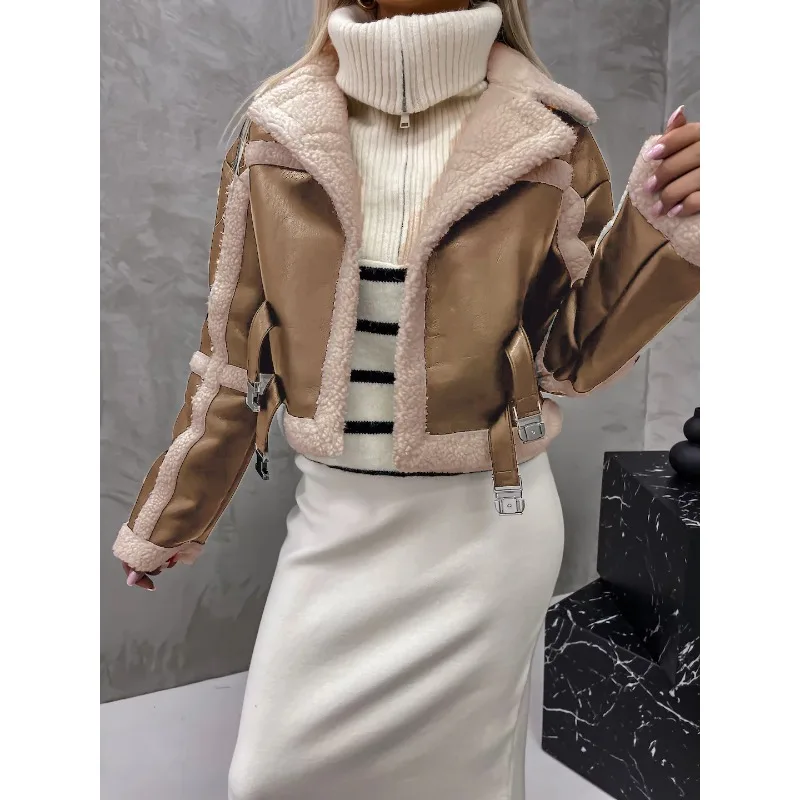 

Wepbel Autumn Fur Faux Leathers Women Long Sleeve Winter PU Jackets Outwear New Fur Integrated Keep Warm PU Coat Top Outwear