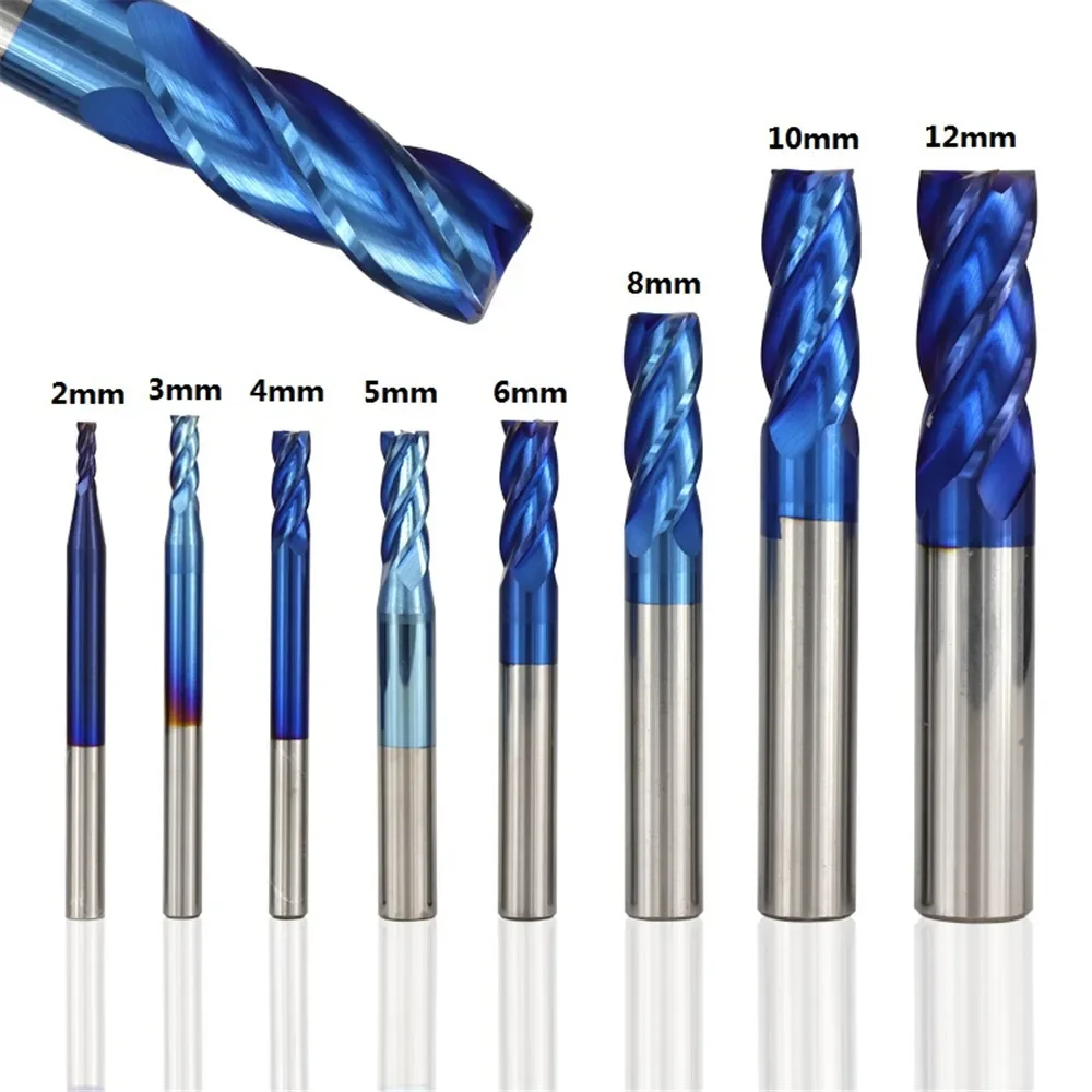 8pcs 2-12mm nano blue coated carbide hrc milling cutter 50 cnc router bit 4 flute spiral end     tools