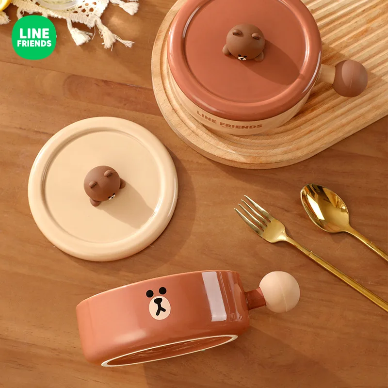 Line Friends Brown Cartoon Large Capacity Ceramic Bowl with Lid Kawaii Fruit Salad Bowl Cute Handle Bowl Anti-Scald Soup Bowl