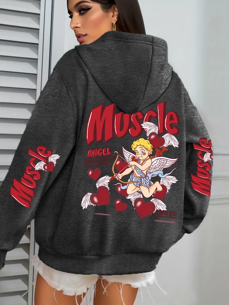 Damska bluza z kapturem z nadrukiem aniołów strzelających strzałami w stronę miłości, codzienna bluza z kieszeniami, jesienne ubrania uniwersalne, wygodna bluza polarowa Y2K