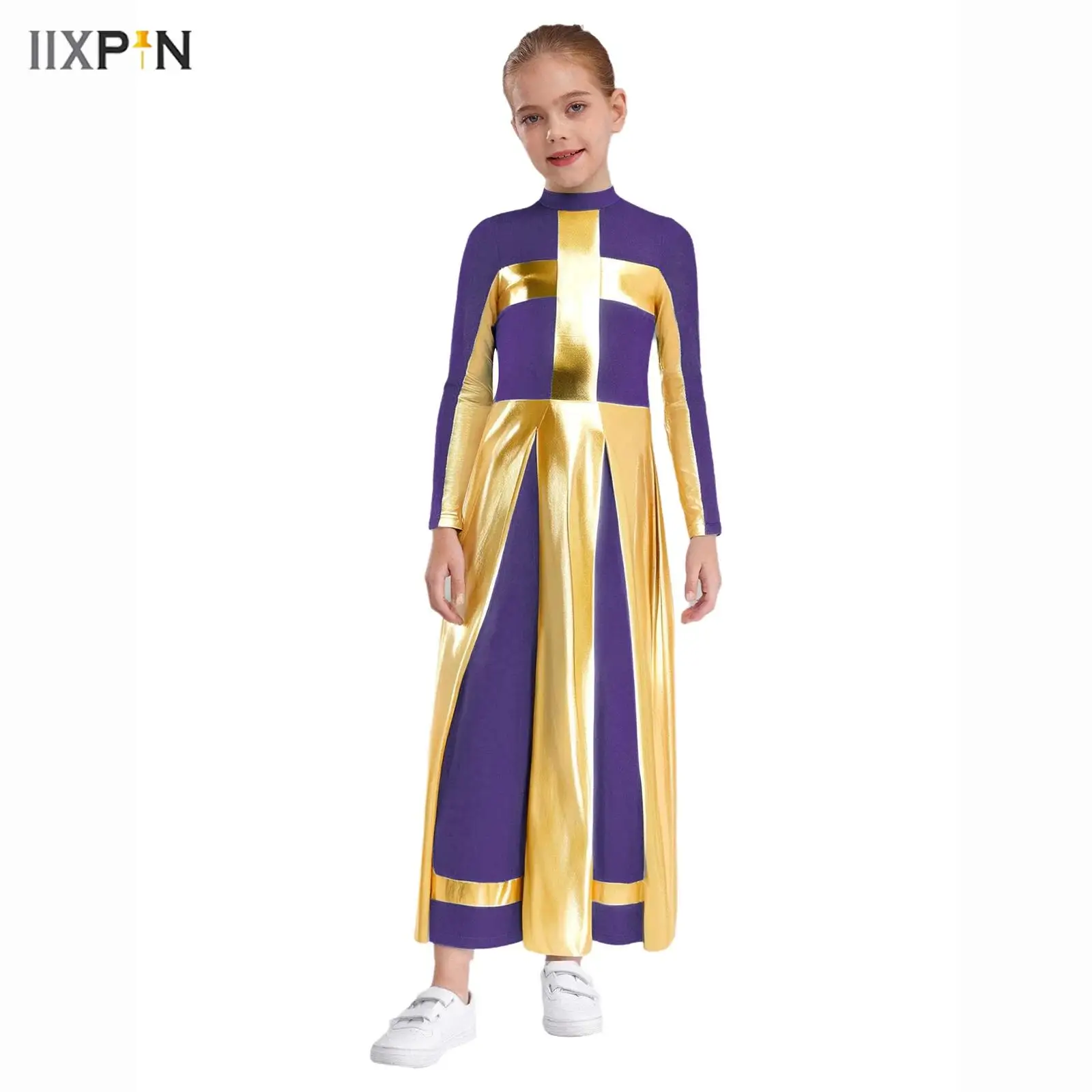 

Kids Girls Liturgical Praise Dance Jumpsuit Church Robe Long Sleeve Color Block Splice Split Metallic Panels Bodysuit Dancewear