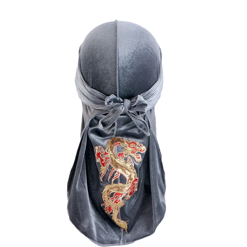 Unisex Men Women China Dragon Velvet Durag Bandana Turban Long Tail Headwrap Headband Pirate Hat Cap Hair Accessories Headwear