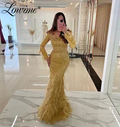 Gold Long Sleeves Evening Gowns Feathers Mermaid Party Dress For Wedding Engagement Square Neckline Aso Ebi Crystal Prom Dresses