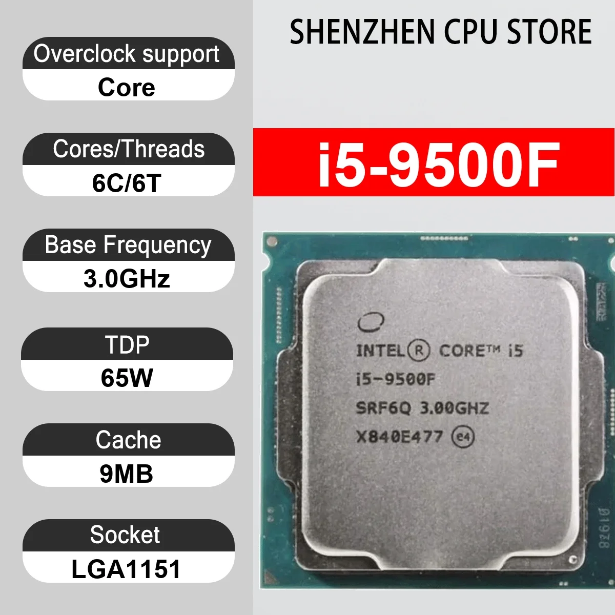 Intel Core i5-9500F 6 Core 6 Thread 3.00GHz 65W 9MB Cache 14nm LGA1151 SR3QC DDR4-2666 MHz Coffee Lake