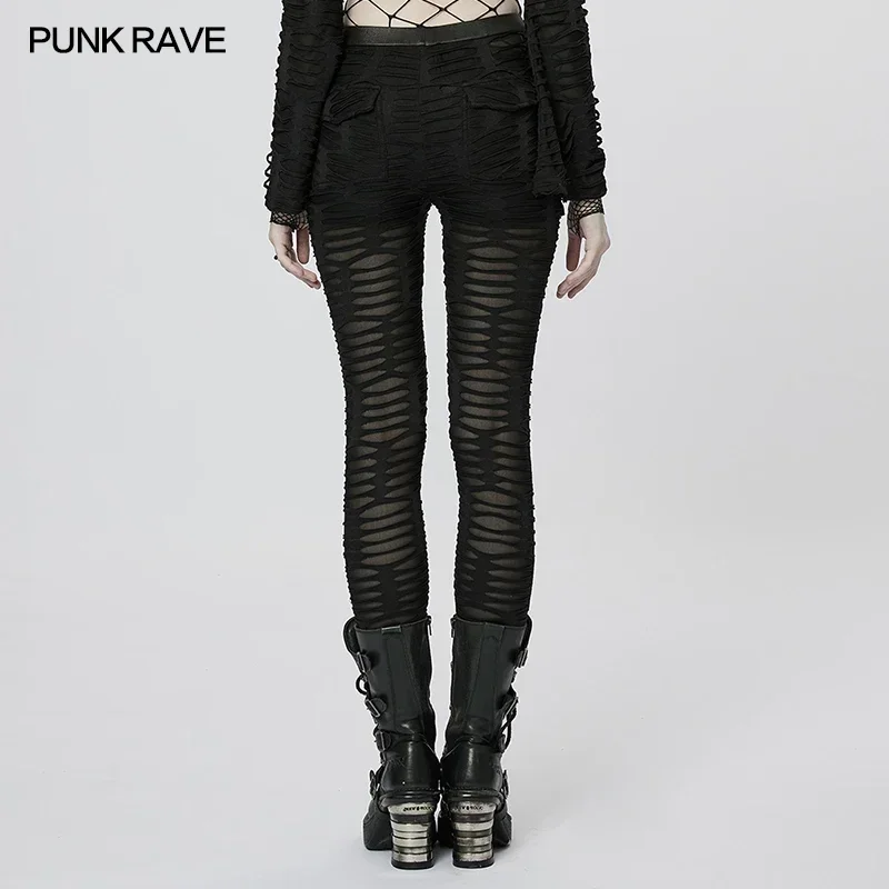 PUNK RAVE Women\'s Gothic Decayed Slim-fit Leggings Punk Meta Eyelets Webbing Personality Thin Black Pants Spring/summer