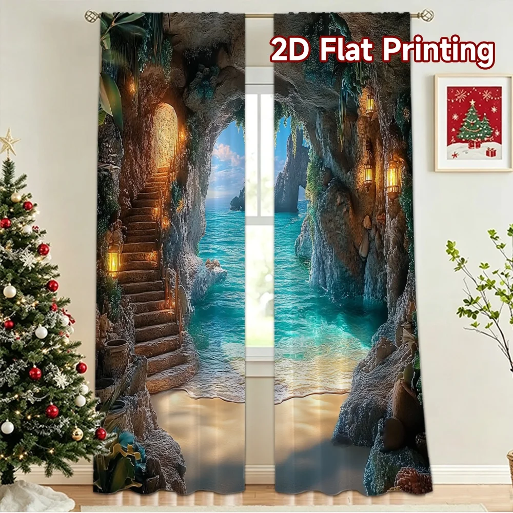 2D flat 2pcs Curtain Country Style Cave Seascape Durable polyester fiber Party Decorations Use for Indoor Celebrations for