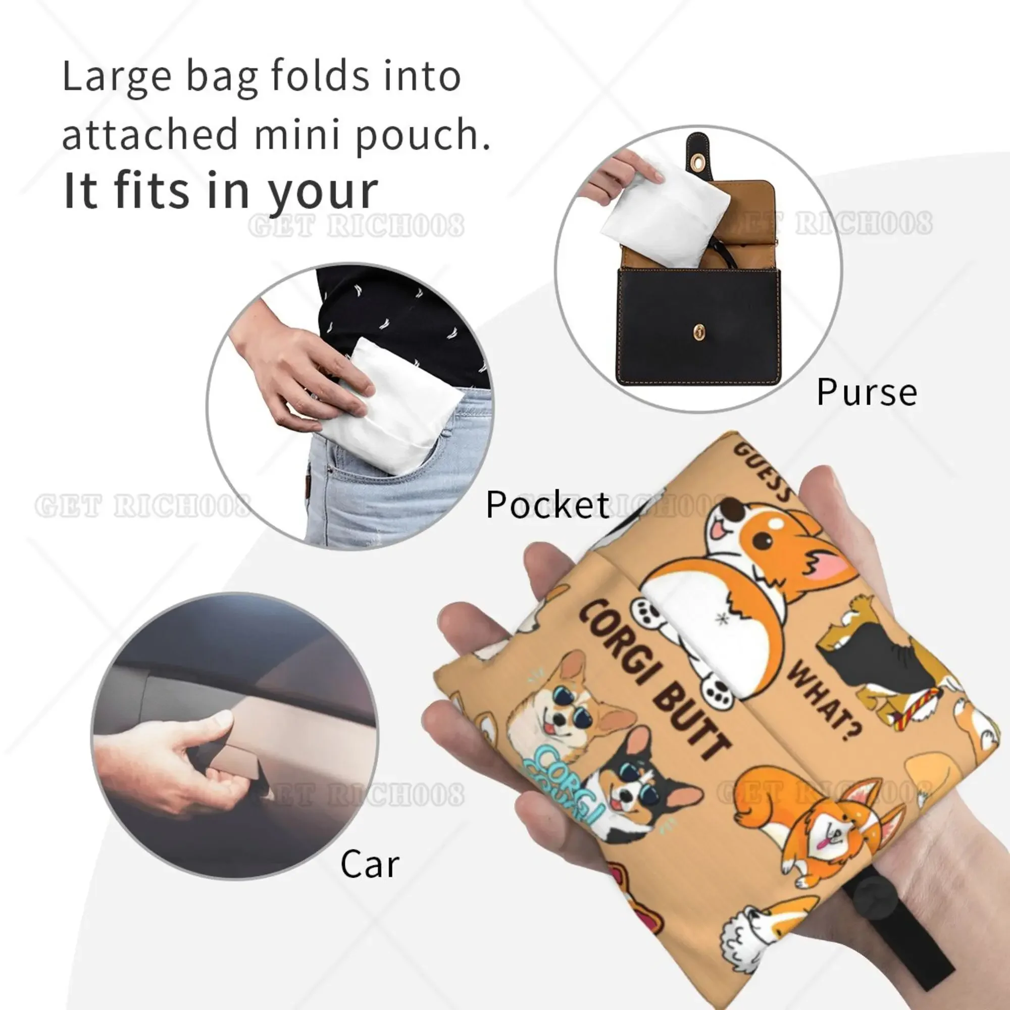 Kawaii Animal Corgi Butt Folding Tote Bag Shopper Bag Portable Eco Grocery Bags No Zipper Bag for Women Men Work Picnic Bag