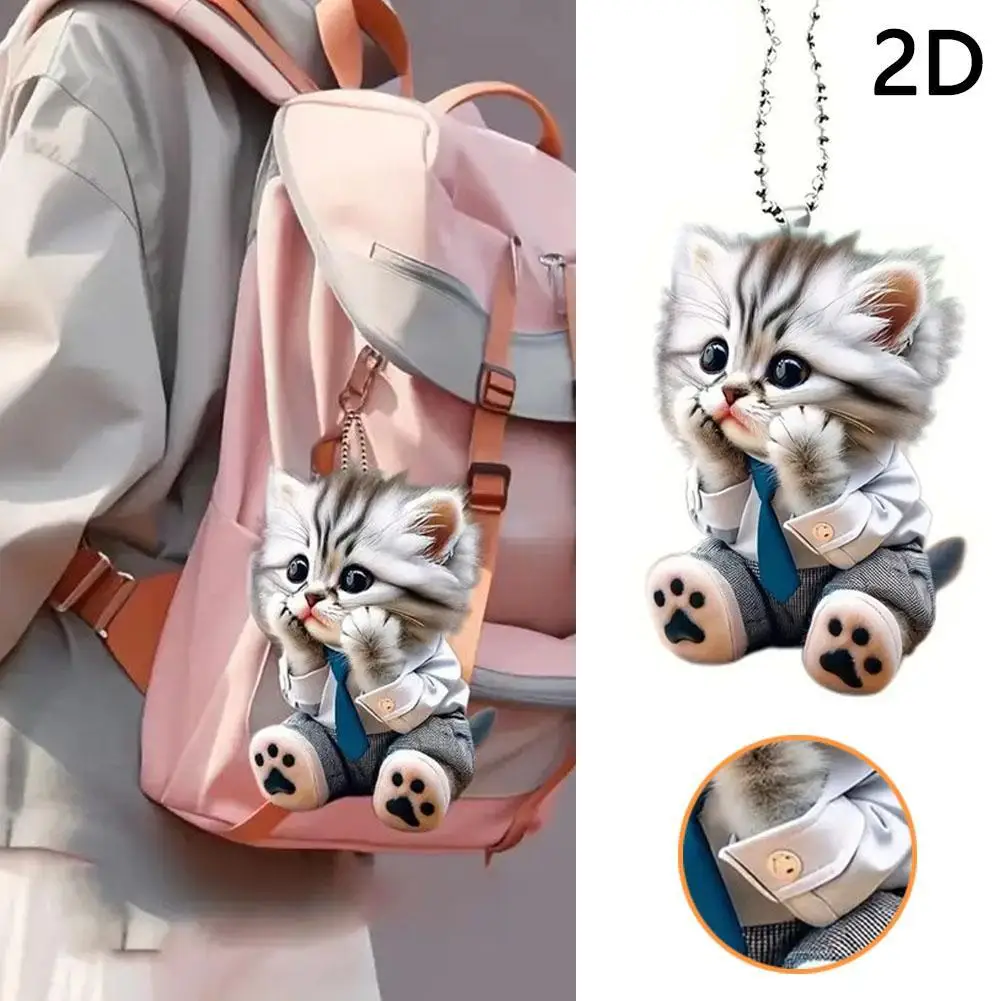 2D Cute Cat Car Pendant Hanging Ornament With Chain Realistic Animal Keychain For Schoolbags Car Interiors Accessories
