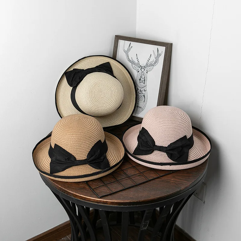 Fashion Summer Panama Beach Straw Hat For Women Beach Rolled Up Sun Hat Casual Travel Cap Simple Wide Brim Bow Hat Casquette