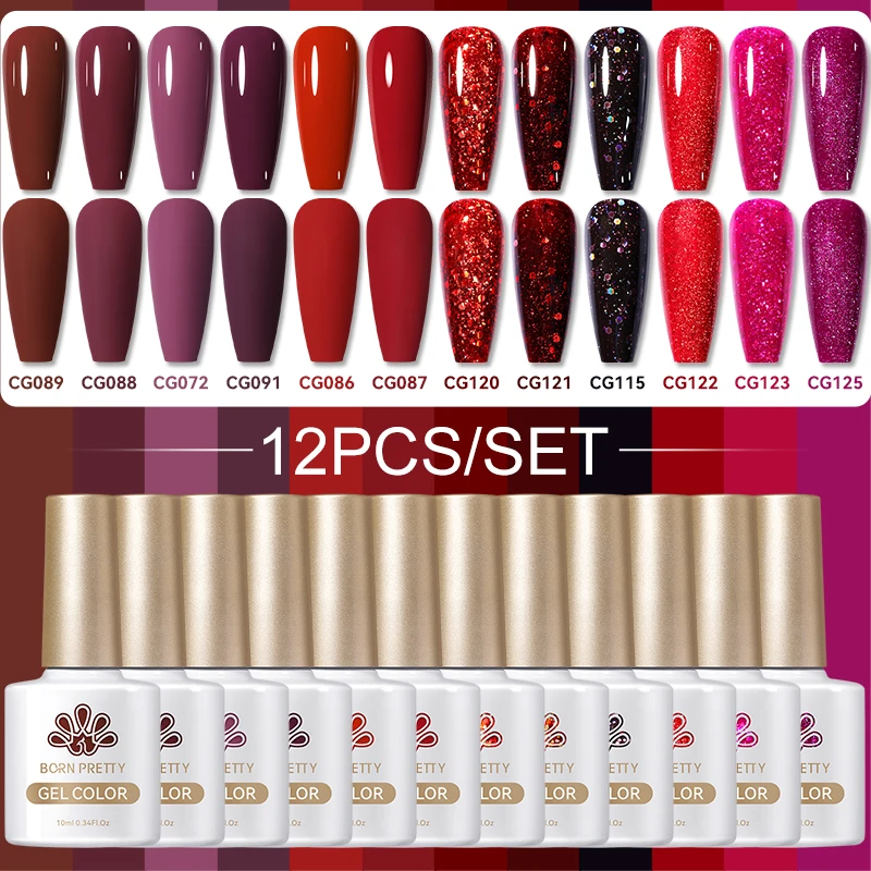 BORN PRETTY 10/12 pezzi Set di smalti gel colorati Kit Rosso scuro Autunno Inverno Soak Off UV LED Gel Vernice Design Manicure