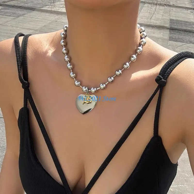 

G5GC Cool Heart Pendant Necklace Daily Wear Gold Silver Heart Clavicle Chain Choker Jewelry Birthday Gift Bead Chain Choker