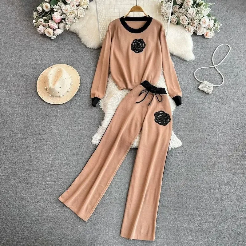 Elegant Embroidery Knitted 2 Piece Sets Women Fashion Long Sleeve Pullover Sweater+highWaist Wide Leg Pants Set Knitwears Suit