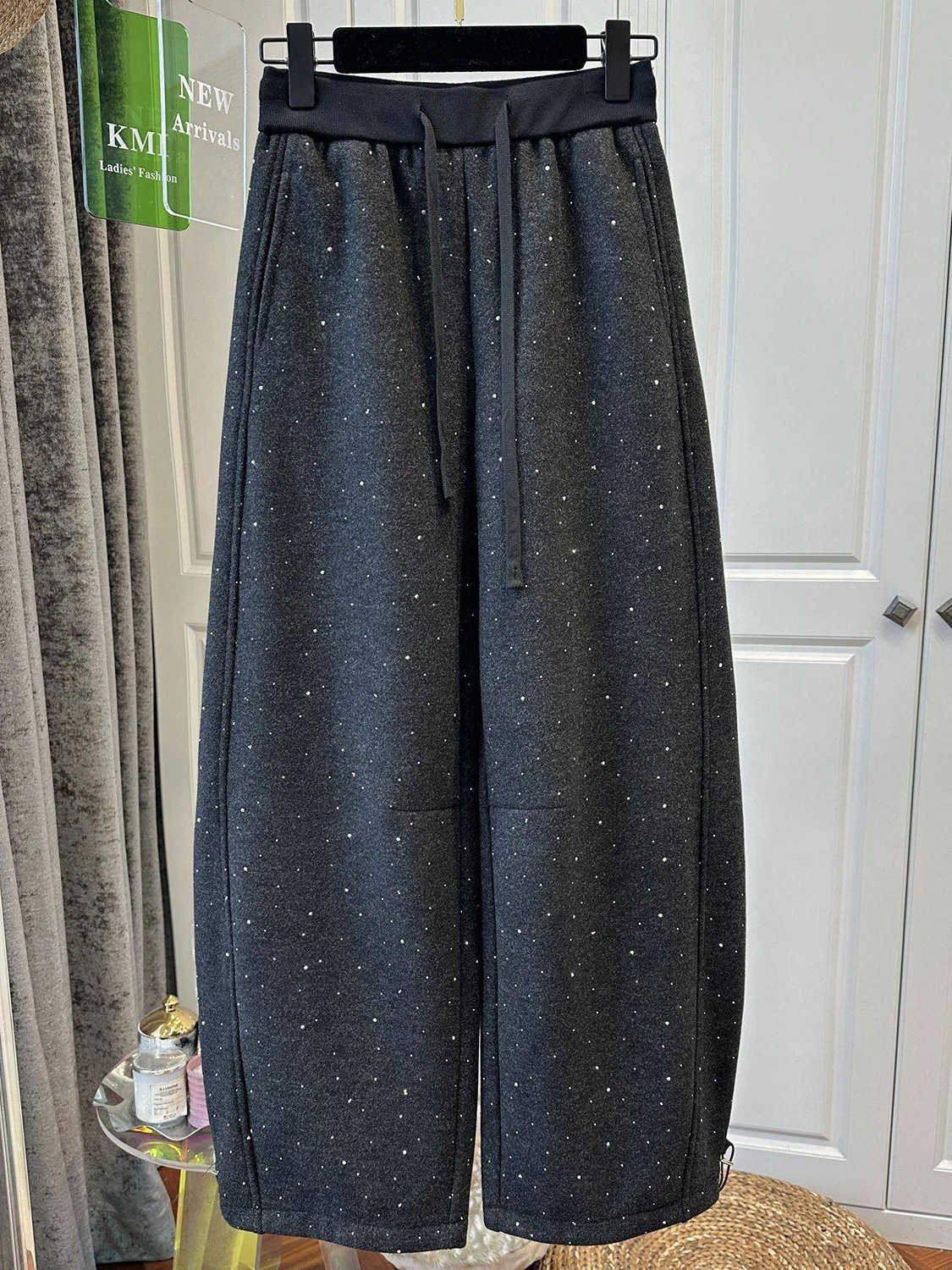 

Повседневные блестящие брюки с завышенной талией и шнурком, женские, осенне-зимние, новый стиль, двусторонние, спортивные, свободного кроя