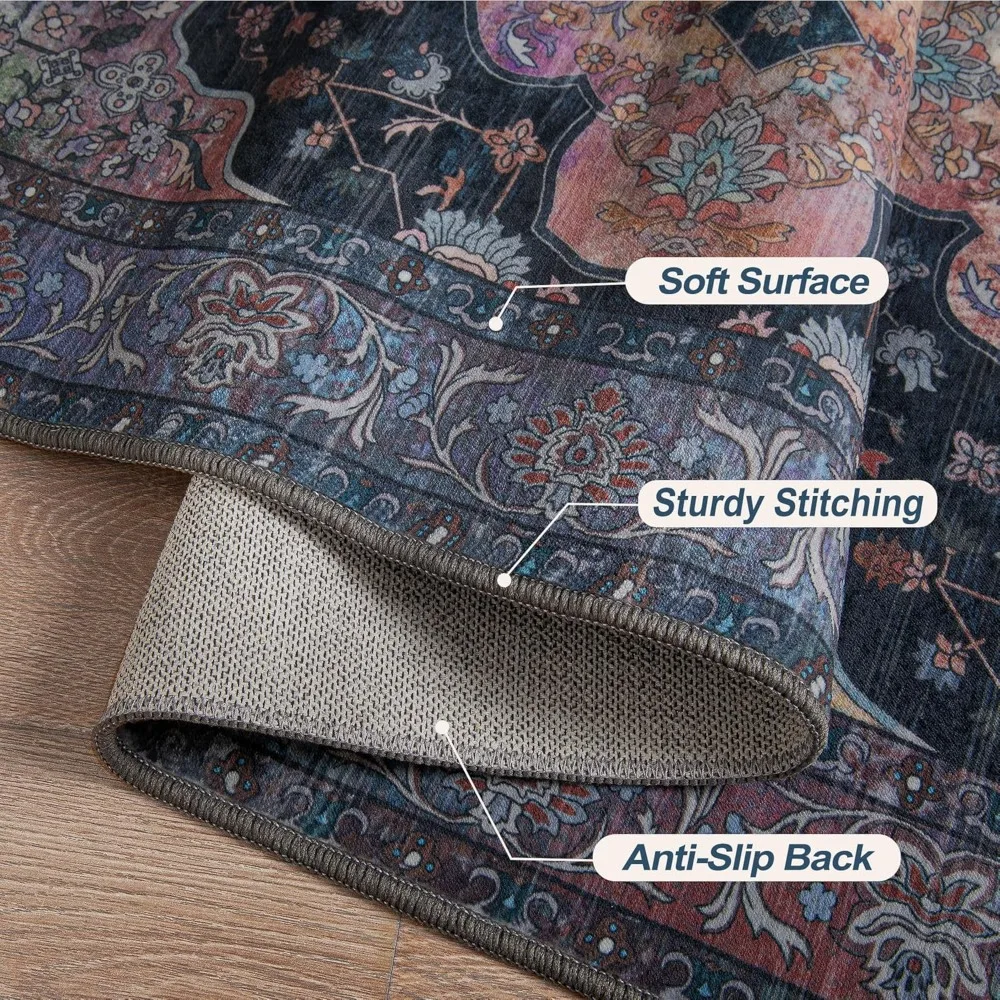 سجادة منطقة كلاسيكية قابلة للغسل مقاس 8 × 10، طباعة كحلي/متعددة، غير قابلة للانزلاق لغرفة المعيشة