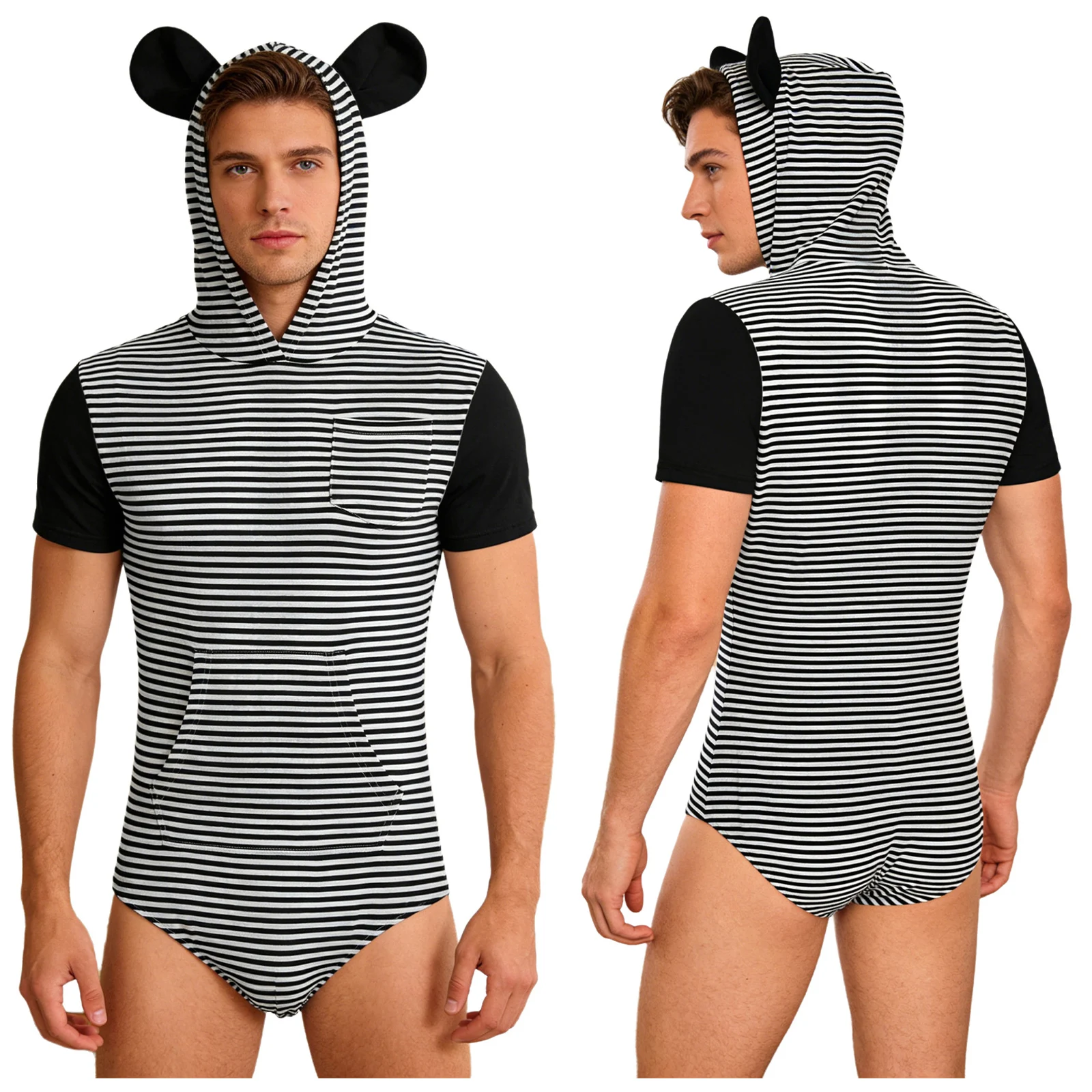

Men Cute Striped Hooded Bodysuit Nightgown Sleepwear Hood with Bear Ears Short Sleeve Button Crotch Leotards Pajamas Loungewear