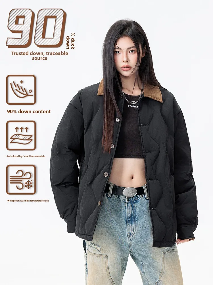 Women's Quilted Down Jacket Color Block Corduroy Collar Casual Winter Coat Unisex Couples Parka