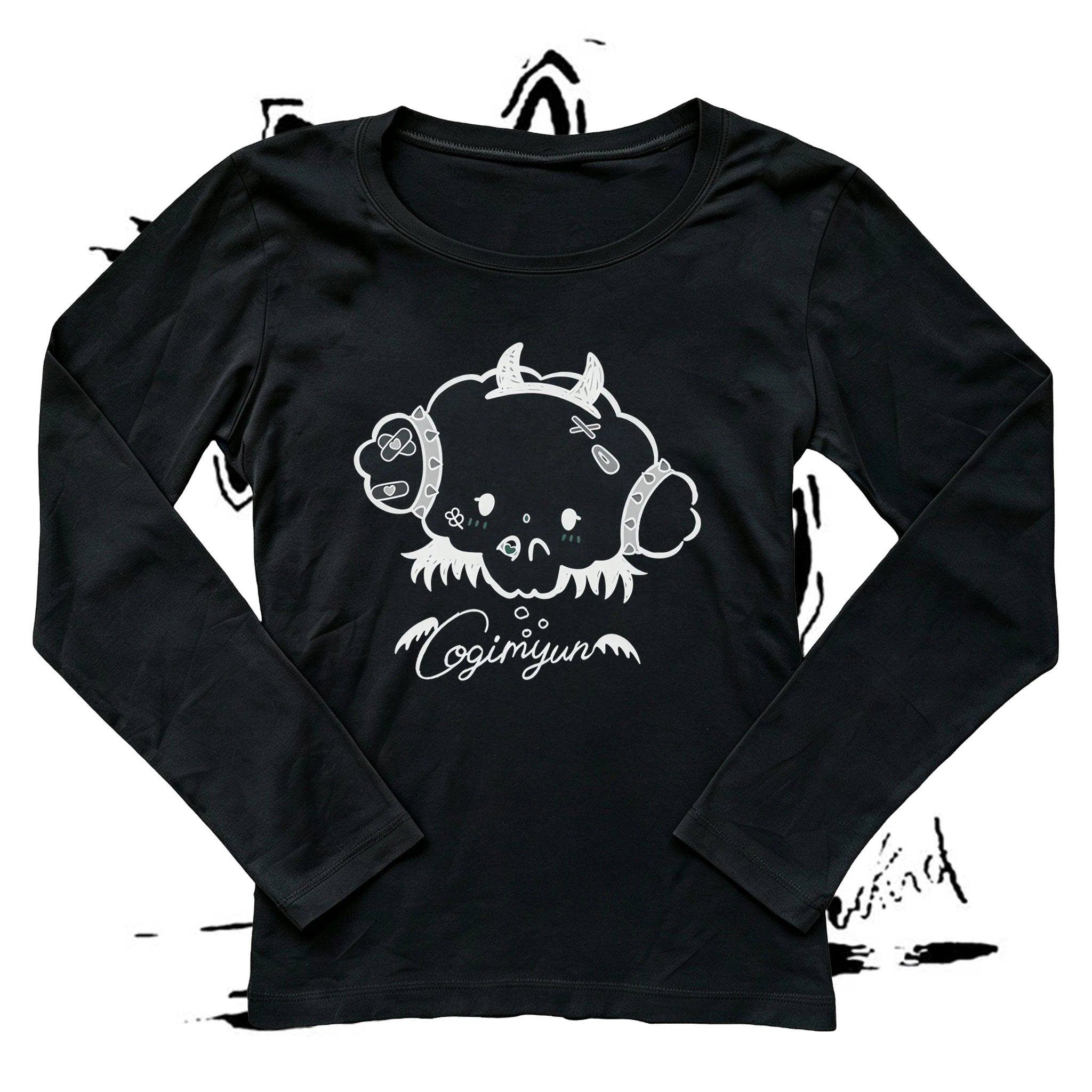 Women Long Sleeve T Shirt Y2K Kawaii Goth Cogimyun Cute Little Demon Cartoon Graphic Print O Neck Slim Fit Ladies Autumn Casual
