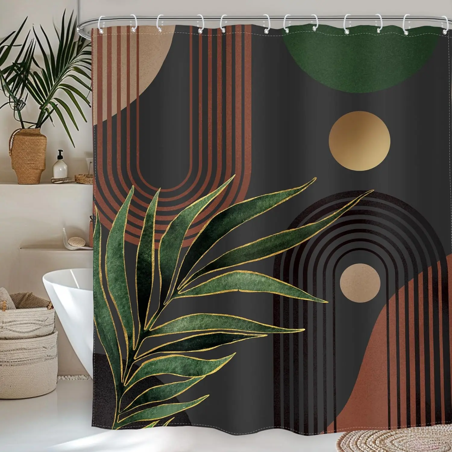 Занавеска для душа Glawry Dark Green Brown Boho, водонепроницаемая ткань с рисунком тропических листьев и арки, в стиле ретро, с 12 крючками