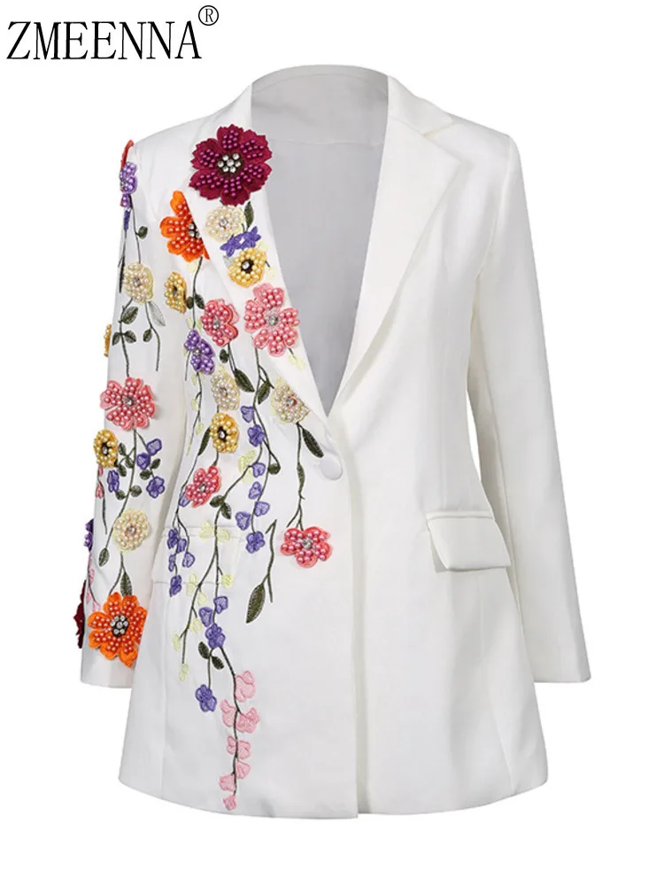 

ZMEENNA Women's White Blazer Jacket Floral Embroidery Beaded Long Sleeve Lapel Single Button Closure Elegant Outerwear ZM4240