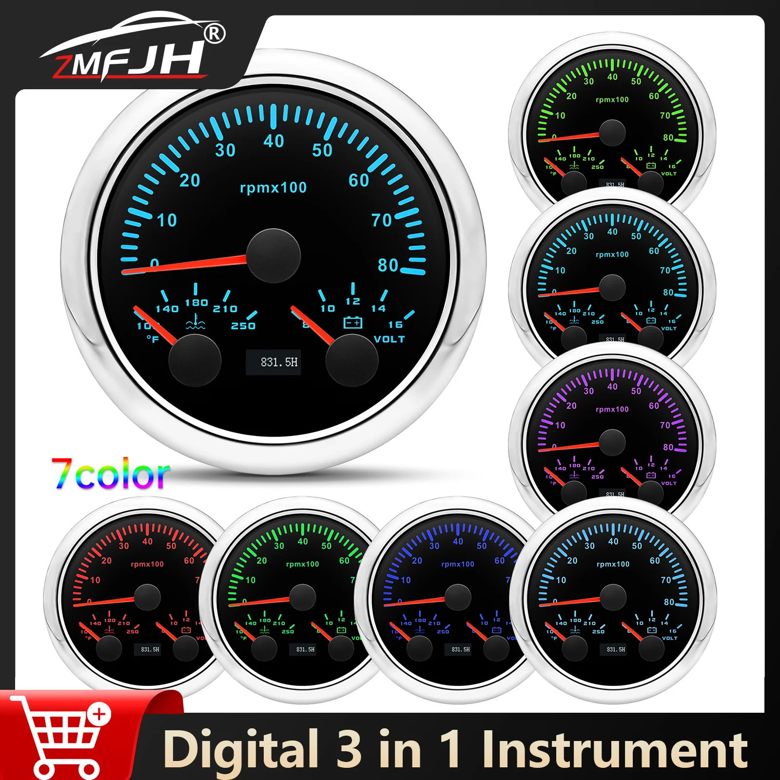 

7 Color Backlight 0-8000RPM Tachometer 100-250°F Water Temp Meter 8-16V Voltmeter 3 in 1 Instrument Waterproof For Car Truck