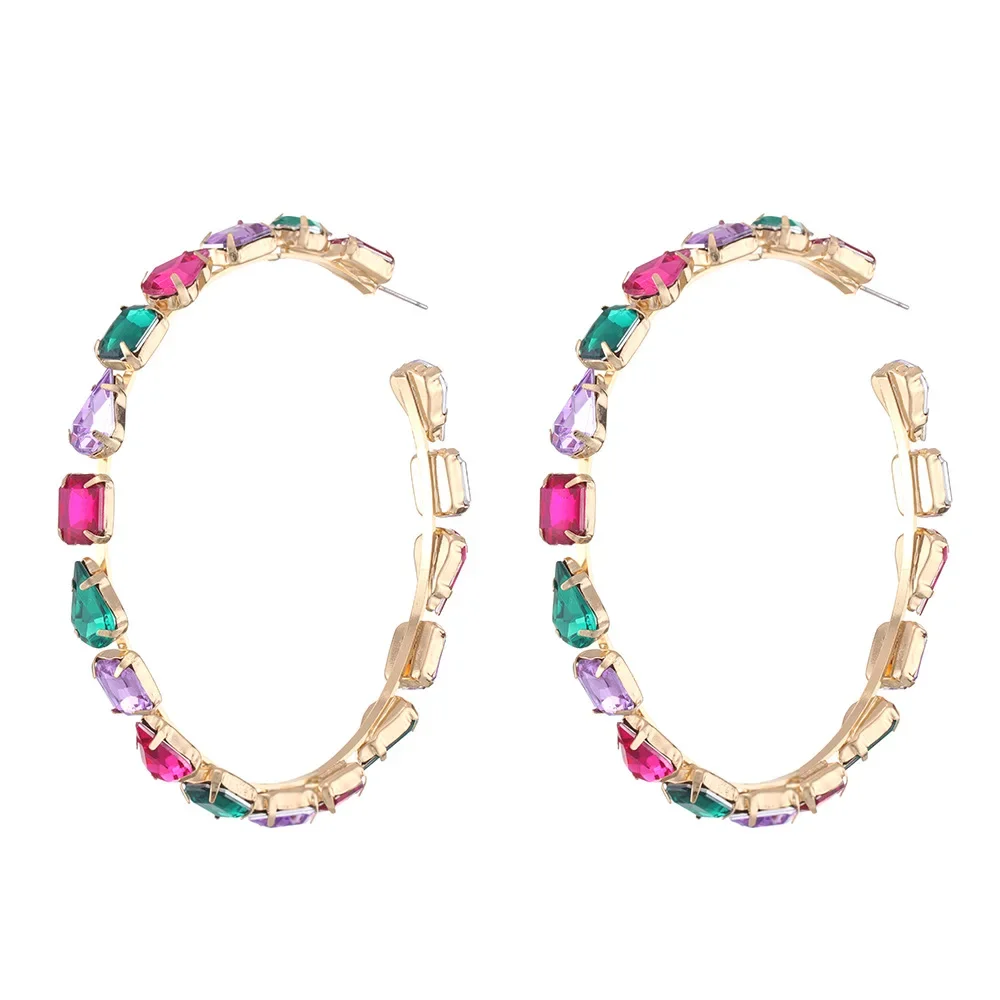 BOXUAN Fashion Rhinestone Earrings in Multi Color Women Jewelry Large Hoop Post Earrings Gold Round Cushion Cut Earrings