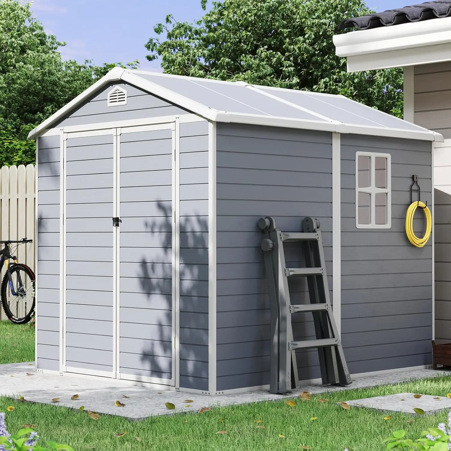 

6x8FT All-Weather Resin Storage Shed Reinforced Floor Lockable Door Window Vents Garden Patio Bike Trash Light Gray Customized