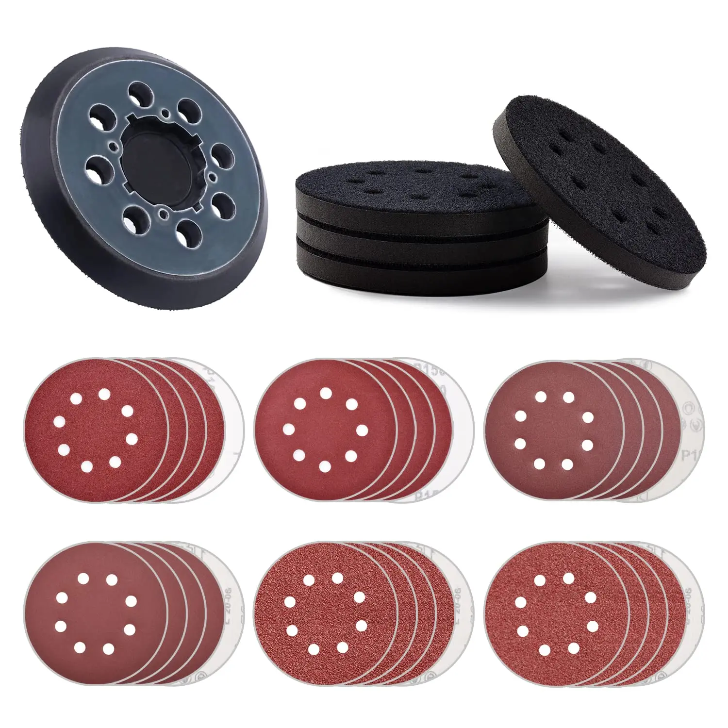 5 inch Hook and Loop Sandpaper Kit Random Orbital Sander Replacement Pad with 5 inch 8 Hole Hook Loop Foam & Sanding Backing Pad